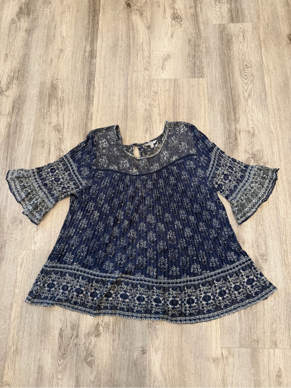 Lucky Brand XL Navy Blue Floral Bell Sleeve Boho Blouse